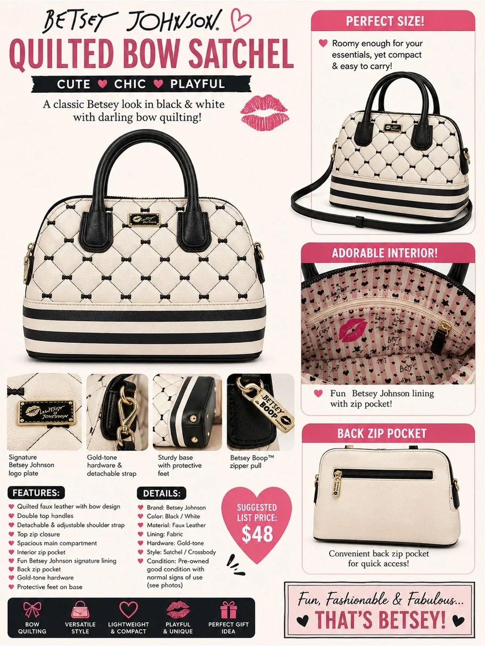 Betsey Johnson Black & White Quilted Bow Satchel Crossbody Handbag